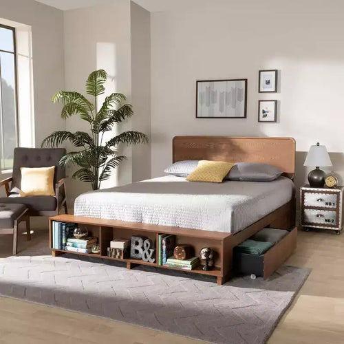 4 Drawer Vita Modern Transitional Wood Platform Storage Bed Walnut/Brown - Baxton Studio